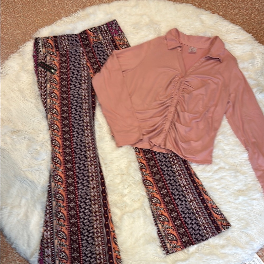 No Boundaries Flare Leg knit pants & button Down Ruched Top 2 Piece Set